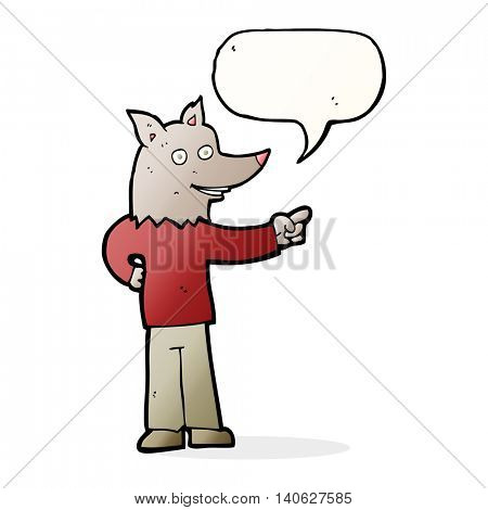 cartoon wolf man pointing with speech bubble