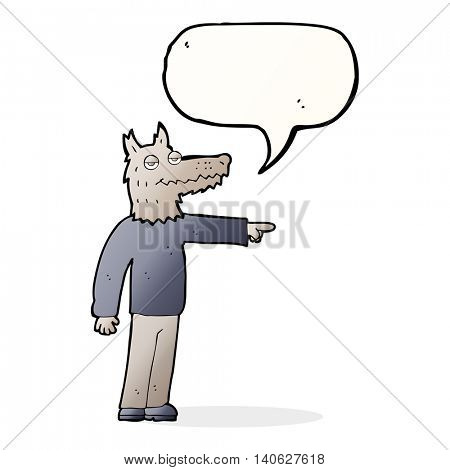 cartoon wolf man pointing with speech bubble