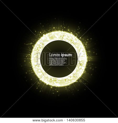 Yellow glitter party poster in explosion on black background. Vector Illustration