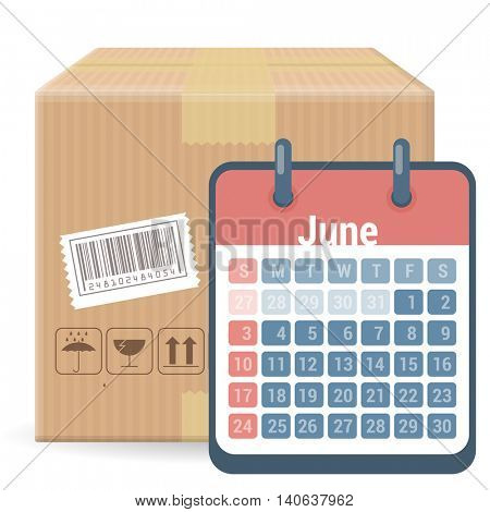 Brown closed carton parcel packaging box with fragile signs and bar code  isolated on white background with calendar. Vector icon template for shipping, delivery date and schedule.