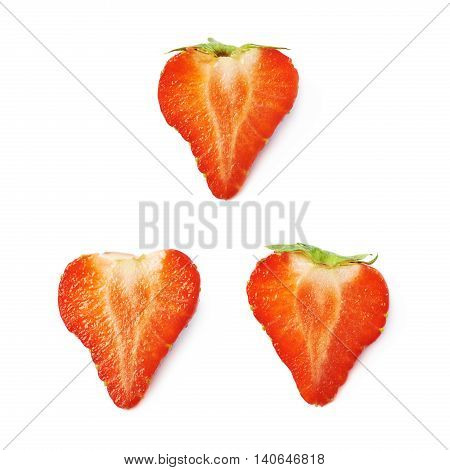Slice cross-section of a single ripe red strawberry isolated over the white background, set of three different foreshortenings
