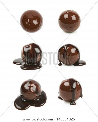 Chocolate ball candy coated with the hot liquid chocolate, composition isolated over the white background, set of six different foreshortenings