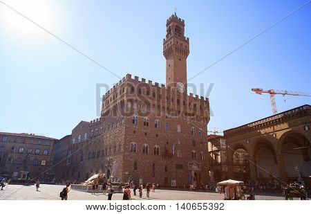 FLORENCE ITALY - JULY 12: The Palazzo Vecchio in the Signoria square on July 12 2016