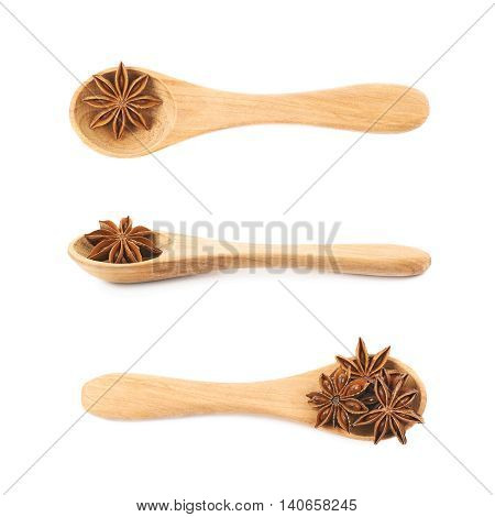 Chinese star anise seed served in a wooden spoon, composition isolated over the white background, set of three different foreshortenings