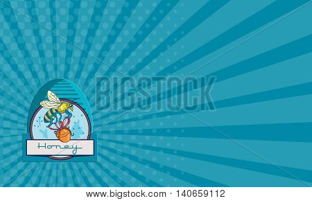 Business card showing illustration of a worker honey bee carrying a honey pot with ribbon with skep in the background set inside circle and the word Honey in the bottom done in retro style.