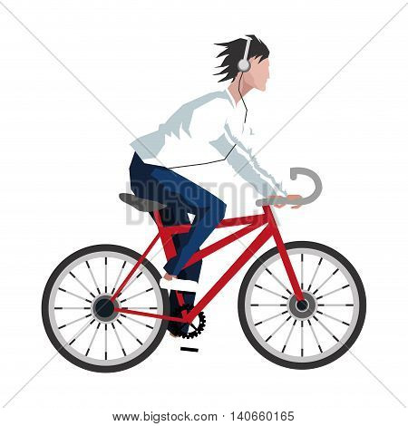 flat design man riding bike with headphones icon vector illustration