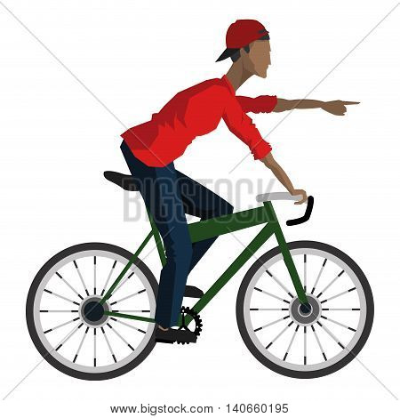 flat design man riding bike pointing forward icon vector illustration