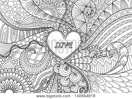 Heart on flowers for coloring book for adult or valentines card