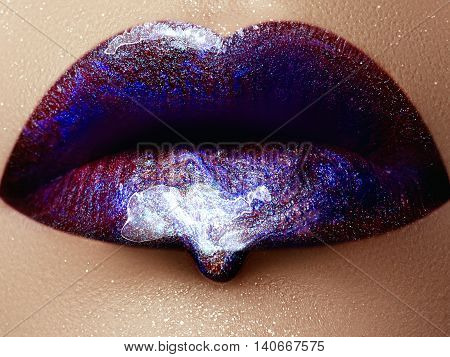 Close-up Shot Of Woman Lips With Glossy Plum Lipstick. Perfect P