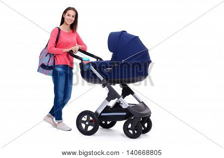 Full length portrait of a mother with a stroller, isolated on white background