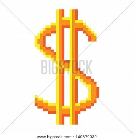 Sign pixel dollar gold. Colorful icon isolated on white background. Pixelated design. Logo for business. American finance symbol made of pixels. Mark of commerce. Stock vector illustration