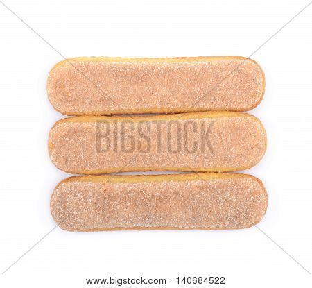 Ladyfinger savoiardi biscuit cookies lined up, composition isolated over the white background