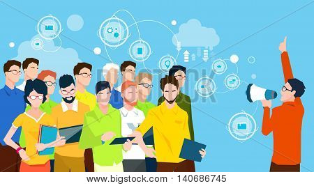 Businessman Boss Hold Megaphone Loudspeaker Colleagues Business People Team Leader Group Businesspeople Vector Illustration