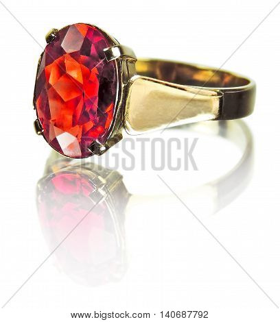 Golden rubine ring, isolated on white background