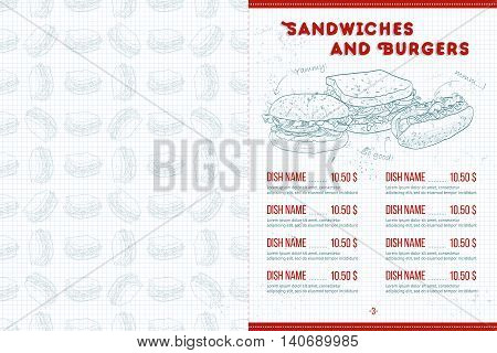 Scetch horisontal menu design on a notebook page, pages 2, 3. Vector illustration, EPS 10
