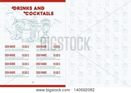 Scetch horisontal menu design on a notebook page, pages 6, 7. Vector illustration, EPS 10