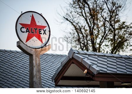 Mukdahan Thailand - 27 December 2014: CALTEX logo Caltex Petroleum Chevron is a brand name used in more than 60 countries in the Asia Pacific region.