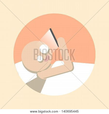 Man using Smartphone in bed. Flat icon. Stock vector illustration.
