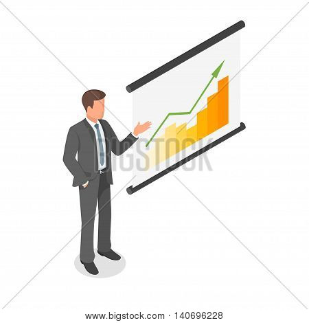 Isometric vector illustration of a young businessman showing presentation.