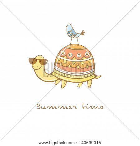 Card with cute cartoon  turtle in sunglasses  and bird. Summer time. Children's illustration. Funny animals. Vector colorful  image.