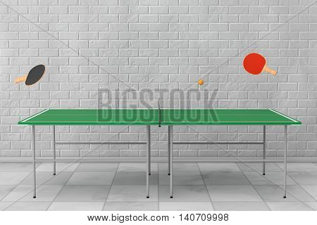 Ping-pong Tennis Table with Paddles in front of Brick Wall. 3d Rendering