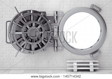 Metallic Bank Vault Door in front of Brick Wall. 3d Rendering