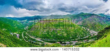 The mountain landscape of Alaverdi located at the bottom of the Debed river gorge with the Somkheti Mountains on the background Lori Armenia.