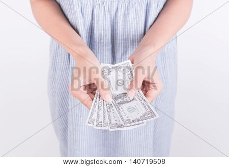 hands show money dollar bills on white background. business finance concept