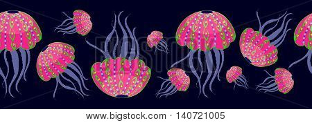 Horizontal seamless pattern of the colored jellyfish on a dark background. Abstract medusa.