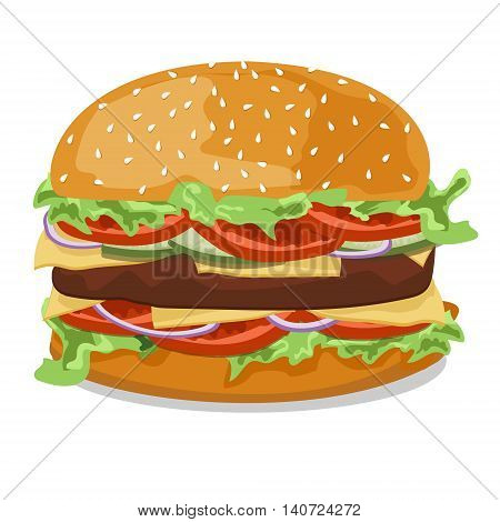 Hamburger with tomato onions cucumbers lettuce meat patties with melted cheese and sesame seeds on a white background