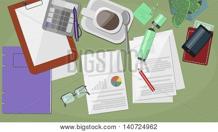 Desk with the documents resume summary sheets stationery magnifying glass pencils notebooks folders cups of coffee a telephone and flower