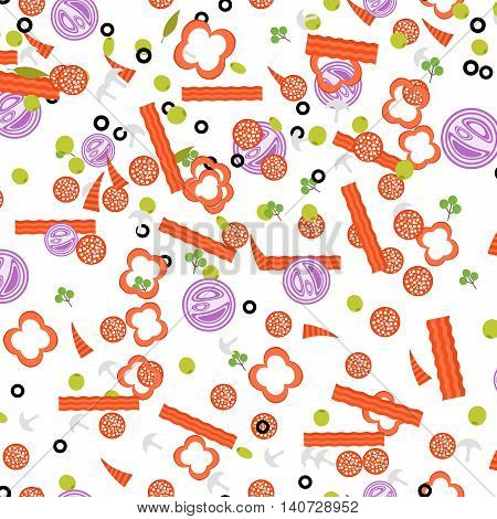 Vector pattern with vegetables. Food background fresh healthy green vegetable garlic ingredient cooking. Kitchen diet natural food background. Pizza ingredient cooking natural onion health vector.