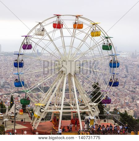 BARCELONA SPAIN - JULY 3 2016: Ferris wheel in Tibidabo Barcelona