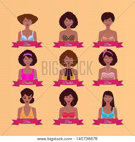 Set with young black woman in different bras and bustiers. Women's clothing. Vector illustration