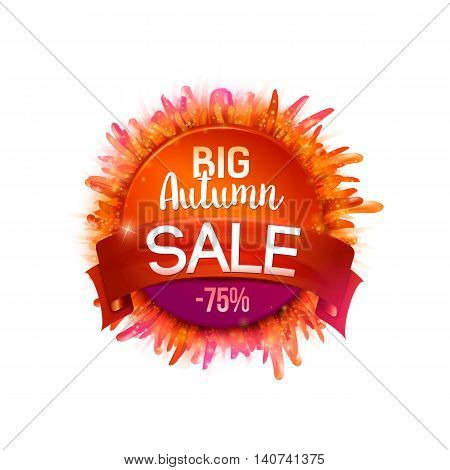 Big Autumn Sale Banner With realistic season grass and red tape. Vector label for business offers design. Bright orange colors discount badge.