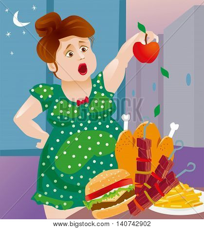 fat woman wants to lose weight, and eat only apples. But fatty foods tempt her
