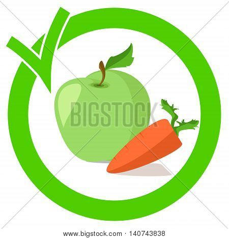 Apple and carrots in a green circle with a check mark , a sign of approval , healthy food , vegetarianism