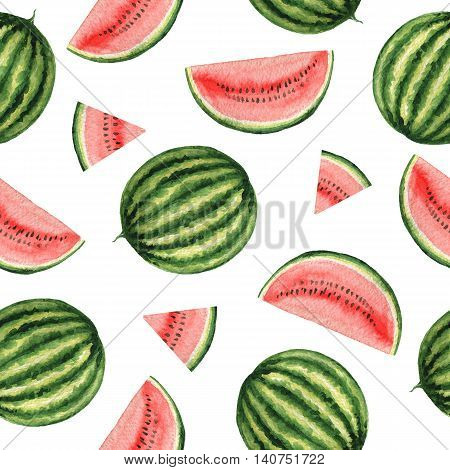 Watercolor seamless pattern with juicy watermelon. Hand painted texture on a white background.