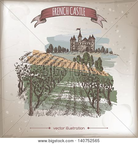 Close up vineyard, castle on a hill landscape color hand drawn vector sketch. Great for vine and travel ads, brochures, labels.