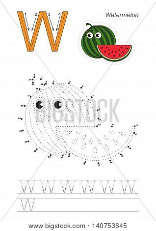 Vector exercise illustrated alphabet. Gaming and education. Learn handwriting. Connect dots by numbers. Easy educational kid game. Simple level of difficulty. Tracing worksheet for letter W. Watermelon.