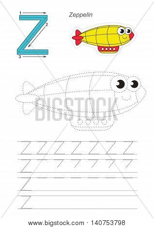 Vector illustrated worksheet. Learn handwriting. Gaming and education. Page to be traced. Easy educational kid game. Simple level. Complete eng alphabet. Tracing worksheet for letter Z. Funny Zeppelin