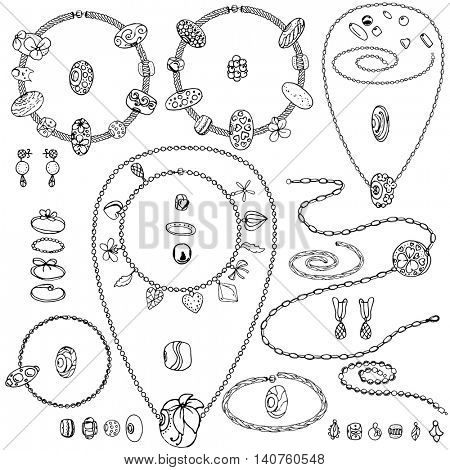 Set with jewellery, beads, chains,necklace, bracelets with charms.Objects isolated on white. Monochrome,contour,black and white