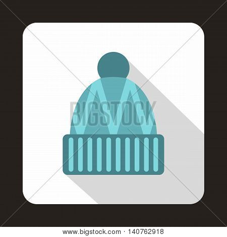Blue knitted hat icon in flat style icon in flat style on a baby whute background