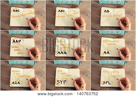 Photo Collage Of Business Acronyms Written On Notebook