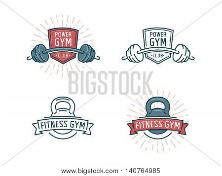Fitness logo set. Power gym club, sport emblem with barbell, vector illustration