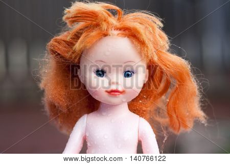 doll thrown in the rain looking for the owner.