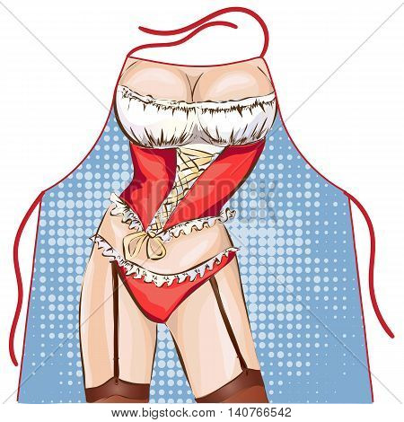 Funny Kitchen Apron with Pin-Up Sexy Bikini Girl hand drawn vector illustration background
