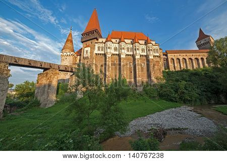 Day view on Corvin castle one of famous Romanian landmarks located in Transylvania also related to Dracula names and vampires.