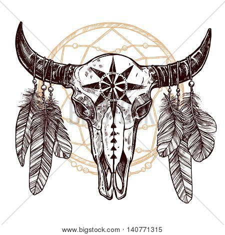 Buffalo Skull With Feathers And Dreamcatcher. Hand Drawn Scetch. Native American Totem