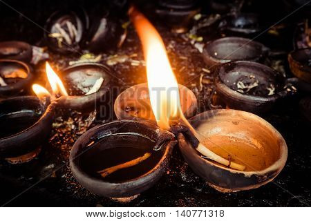 Burning Oil Lamps At Temple
